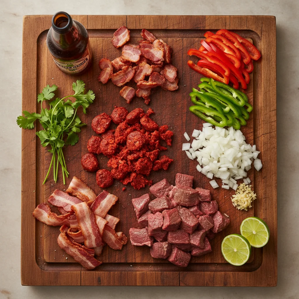 Raw fresh ingredients for authentic discada recipe: sirloin steak, Mexican pork chorizo, bacon, bell peppers, onions, Mexican beer, and fresh limes on a wooden table