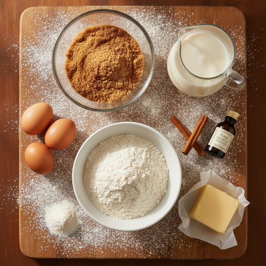 Raw fresh pantry ingredients for cinnamon muffin recipe: all-purpose flour, brown sugar, cinnamon streusel topping, unsalted butter, eggs, buttermilk, and ground cinnamon on rustic wooden board