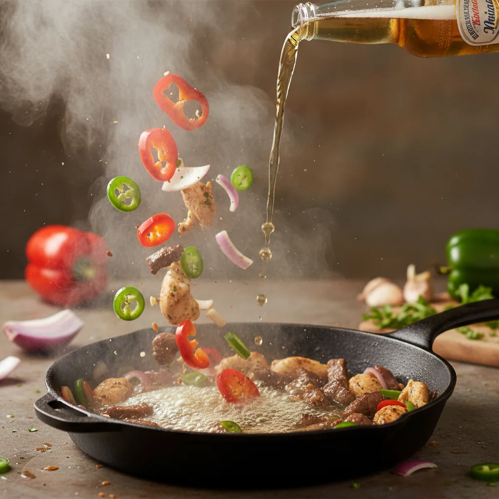 Sauté Peppers, Onions & Deglaze with Mexican Beer