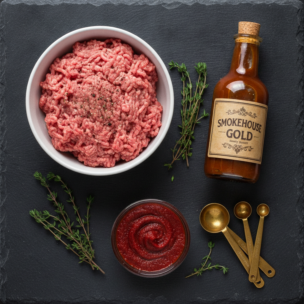 Fresh ingredients for easy sloppy joe recipe 3 ingredients on kitchen table: lean ground beef, sweet barbecue sauce, and rich tomato paste