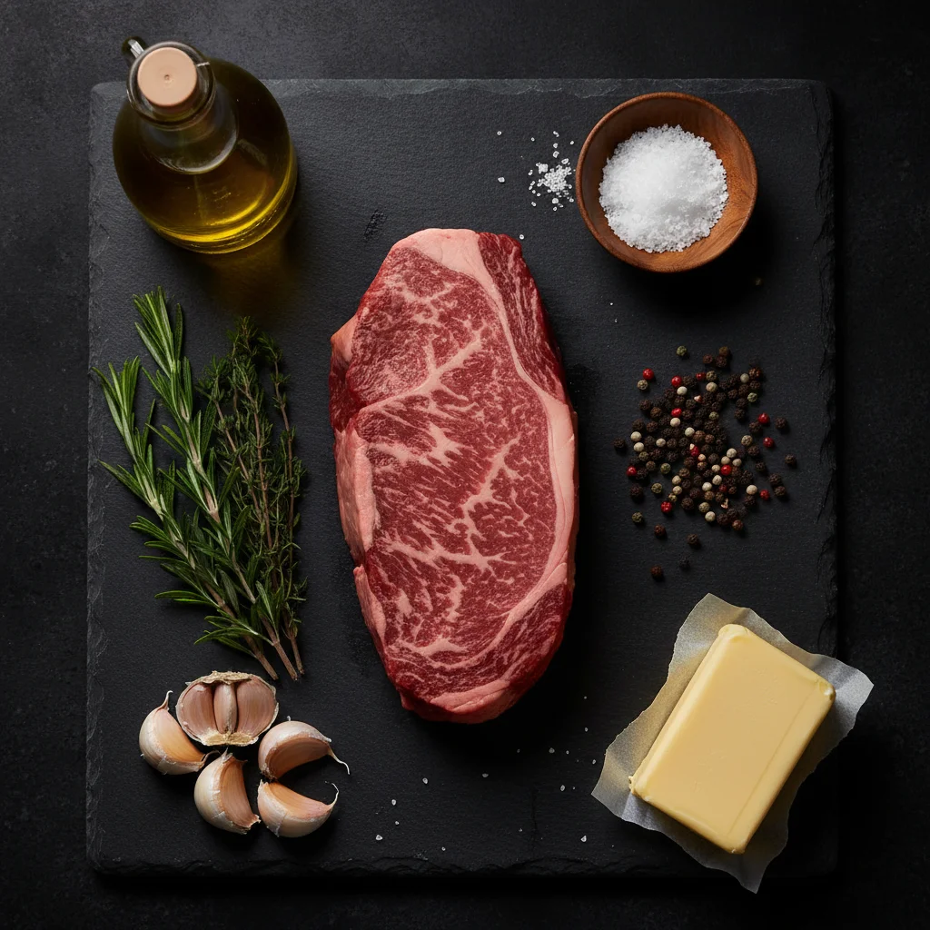 Raw ingredients for flat iron steak recipe: fresh flat iron beef steak, coarse sea salt, black peppercorns, fresh rosemary, thyme, garlic cloves, and unsalted butter on rustic slate board