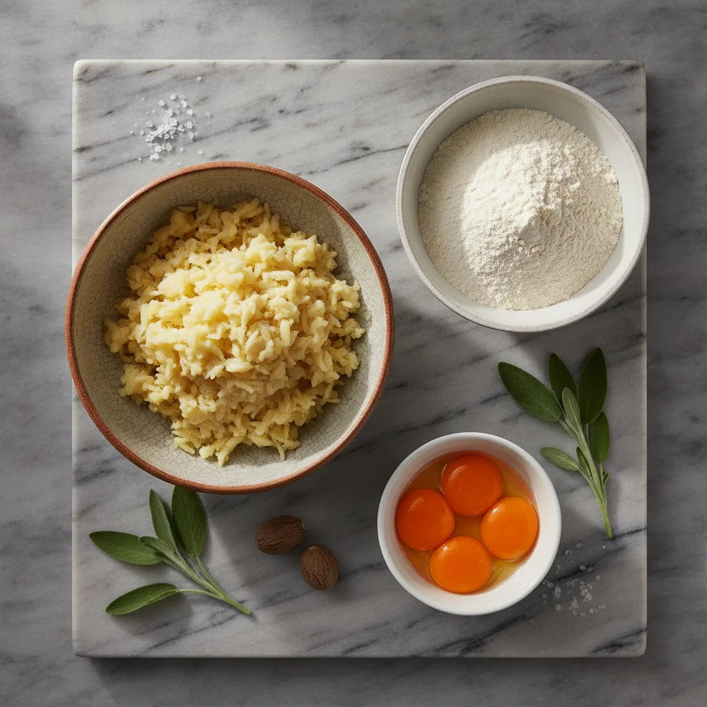 Fresh raw ingredients for gluten free gnocchi recipe: baked russet potatoes, gluten-free 1-to-1 baking flour, egg yolk, and fresh sage on marble pastry board