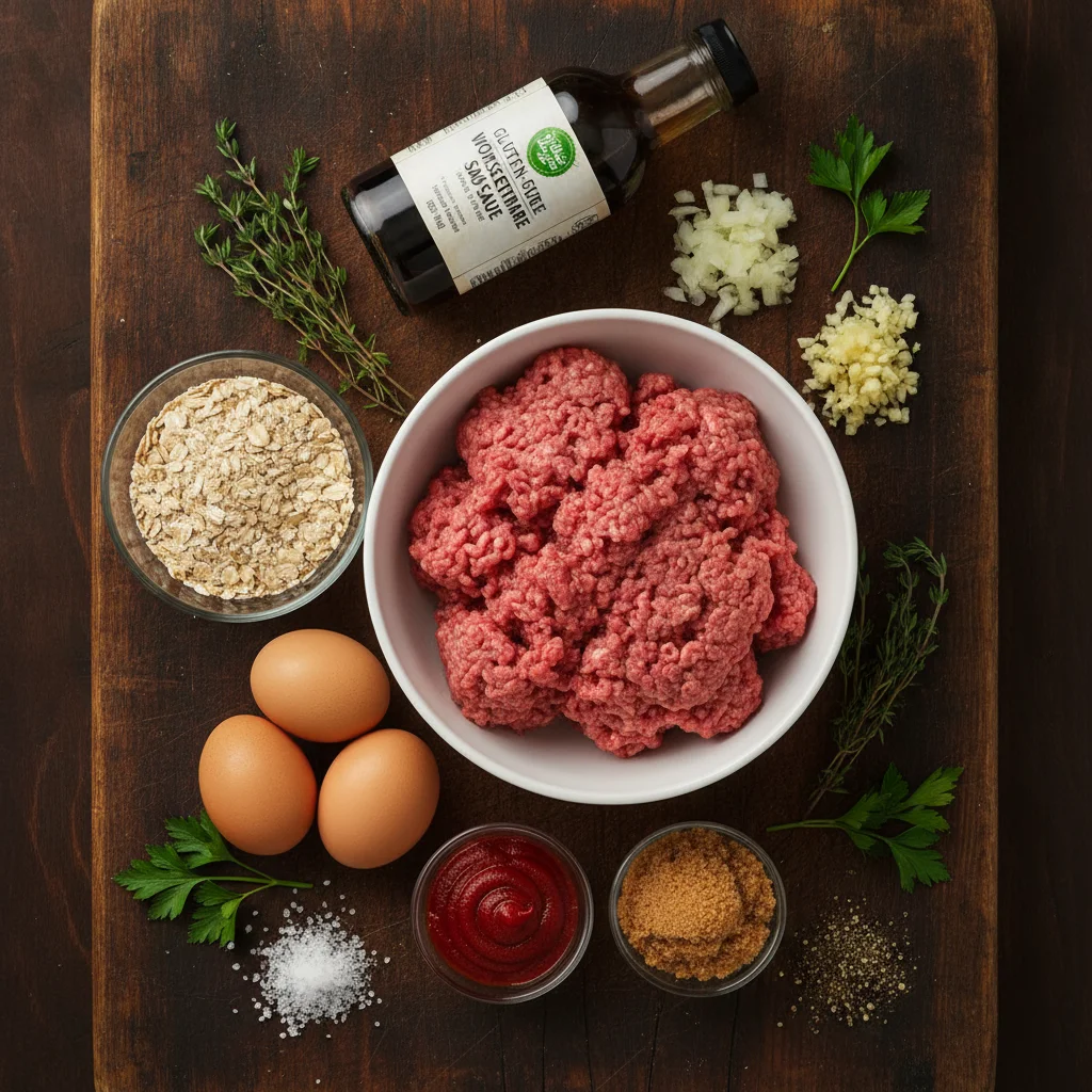 Fresh whole ingredients for gluten free meatloaf recipe: lean ground beef, certified gluten-free rolled oats, eggs, diced yellow onion, minced garlic, gluten-free Worcestershire sauce, tomato paste, brown sugar, and Italian herbs