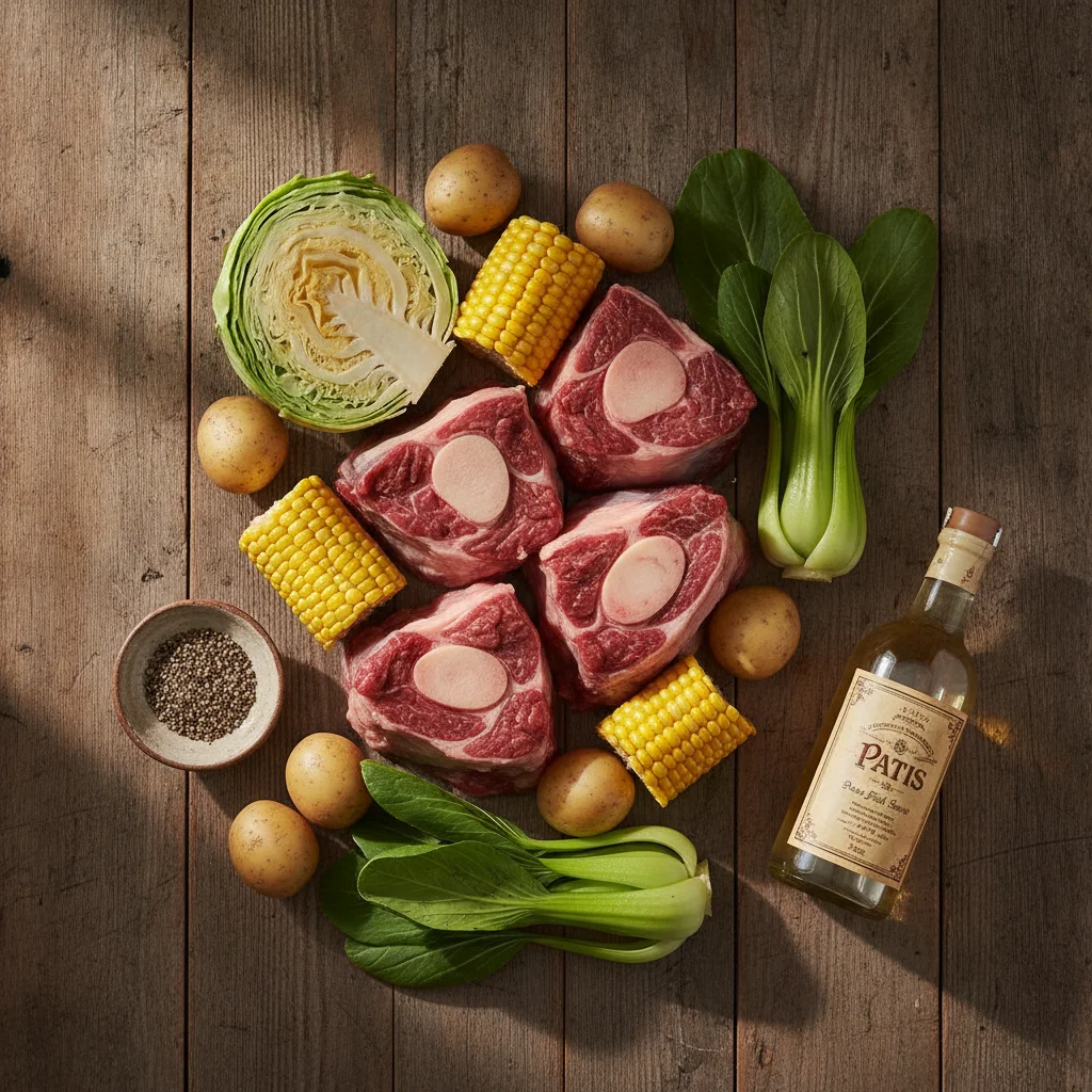 Fresh authentic pantry ingredients for nilagang baka recipe: beef shank with bone marrow, sweet corn, cabbage, bok choy, potatoes, peppercorns, and fish sauce