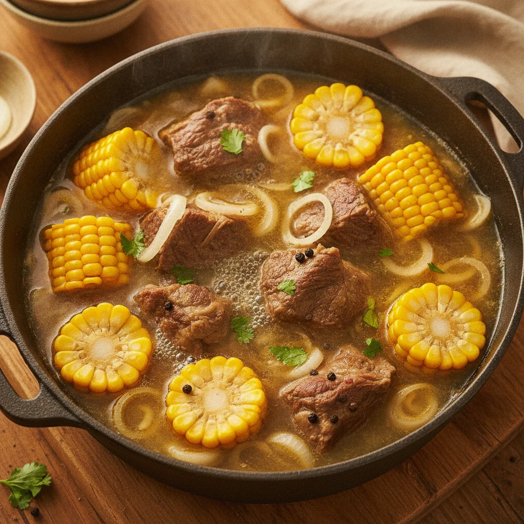 Simmer Beef, Corn & Aromatics Gently