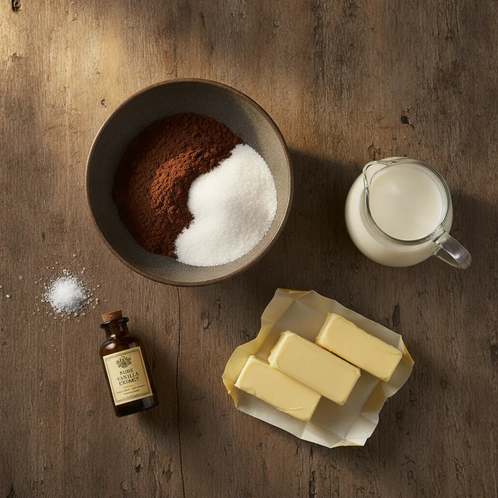 Raw pantry ingredients for old fashioned fudge recipe: granulated sugar, Dutch cocoa powder, milk, butter, and vanilla on rustic table