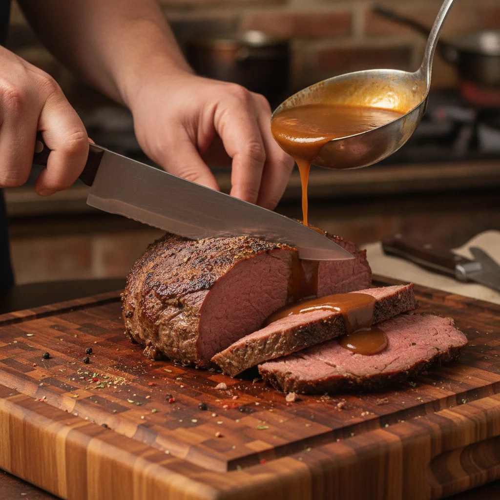 Rest, Slice Against Grain & Whisk Gravy