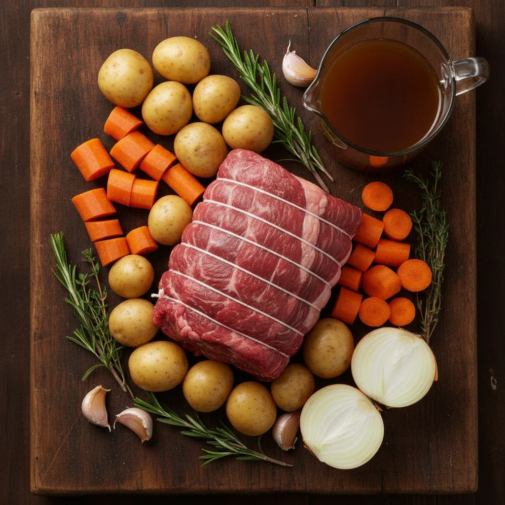 Raw fresh pantry ingredients for rump roast recipes: seasoned beef rump roast, baby potatoes, carrots, onions, rosemary, and beef broth on rustic board